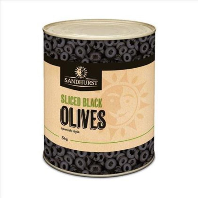 Sandhurst Black Sliced Spanish Olives, 3KG pack, rich flavor, perfect for salads, pizzas, and gourmet dishes.