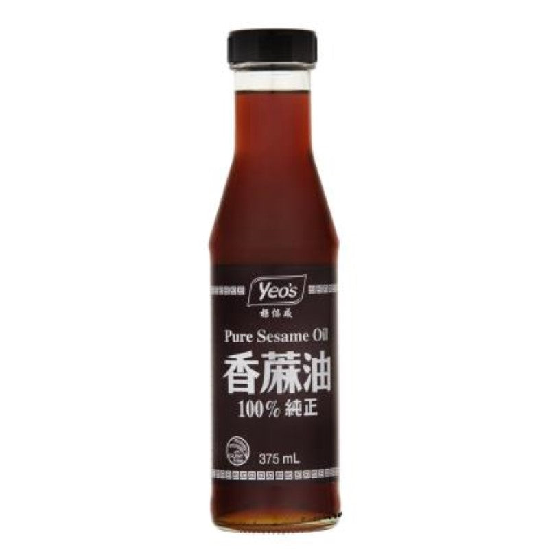 Yeo's 375ML Pure Sesame Oil bottle, featuring rich, toasted flavor for enhancing dishes and salads.