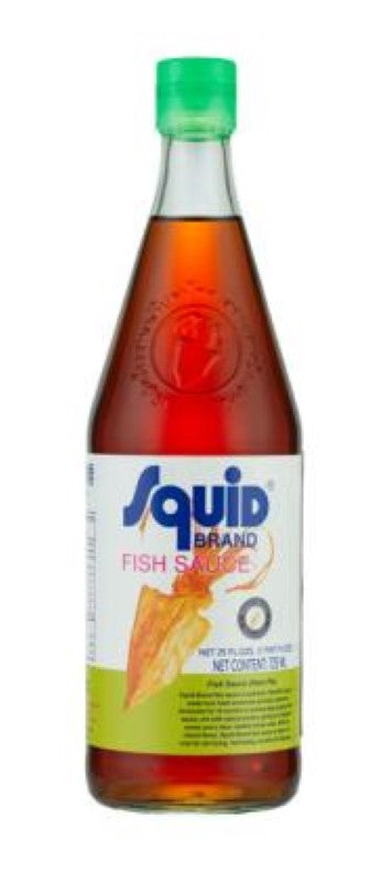 Authentic Thai Sauce Fish - Squid, 725ML, made from anchovies, enhances dishes with rich umami flavor and versatility.