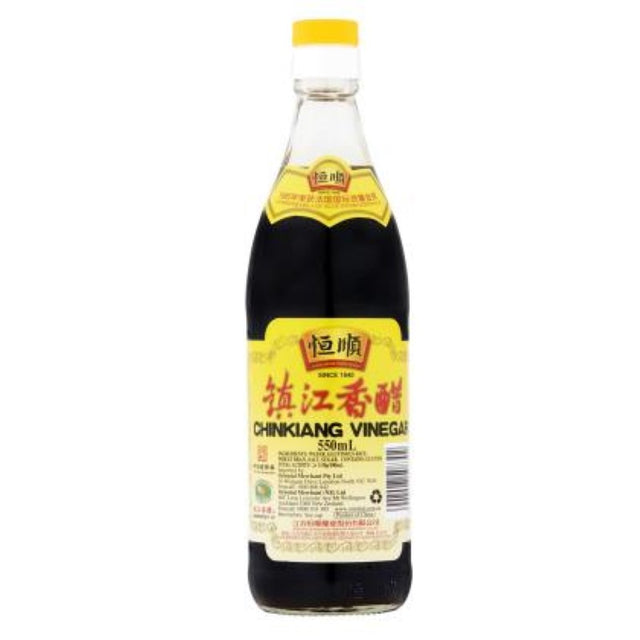 Bottle of Hengshun Vinegar Black Chinkiang, 550ml, ideal for enhancing sauces, dressings, and dumpling dips with rich flavor.