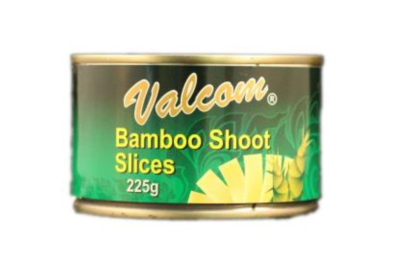 Sliced Valcom Bamboo Shoots in a 225g pack, perfect for enhancing Asian dishes with crunch and mild flavor.