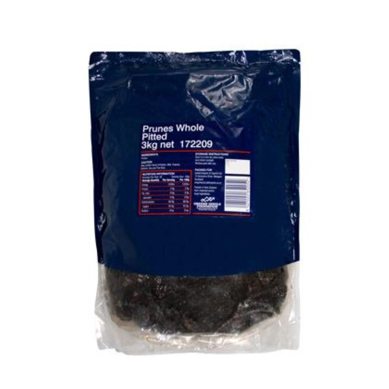 Whole pitted prunes in a 3KG pack, rich in fiber and antioxidants for healthy snacking and cooking.