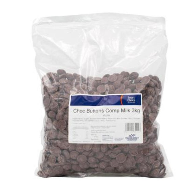 Milk chocolate buttons in a 3KG pack, perfect for baking cakes, muffins, and biscuits with rich, creamy goodness.