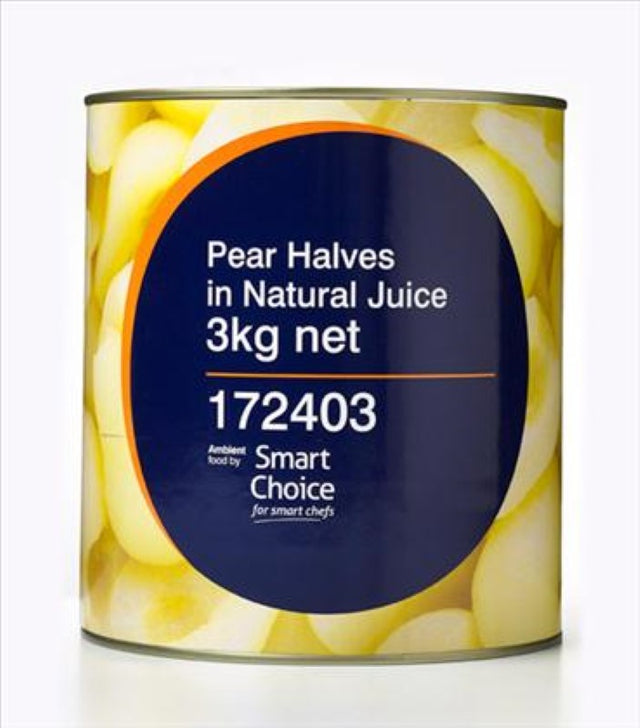 Three kilograms of pear halves in natural juice, ideal for snacking, baking, and enhancing culinary dishes.