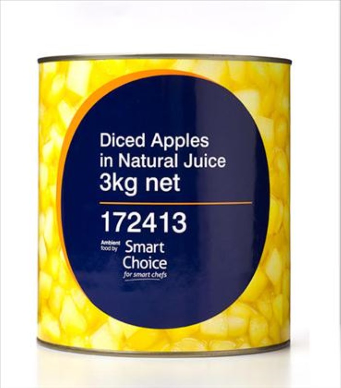 Diced apples in natural juice, 3KG pack from Smart Choice, perfect for snacks, salads, or baking.