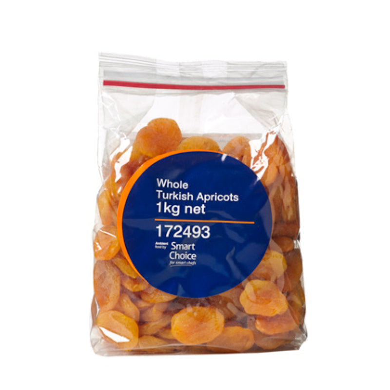 Whole Turkish dried apricots in a 1KG pack, ideal for snacking and cooking, by Smart Choice.