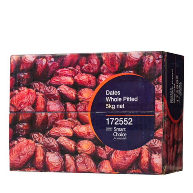 Whole pitted dates from Iran in a 5KG pack, perfect for healthy snacking and culinary uses, rich in fiber and antioxidants.