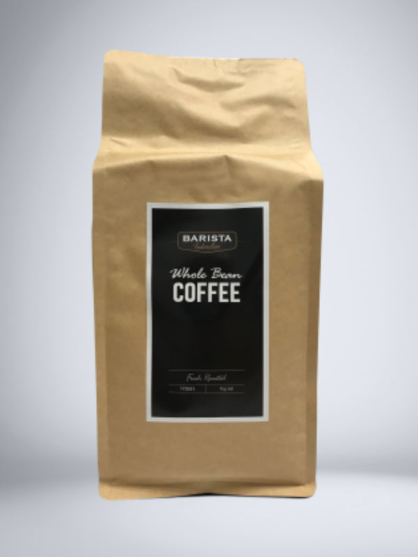 1KG pack of Barista Federation roasted coffee beans featuring medium roast with notes of cocoa, nuts, and caramel.