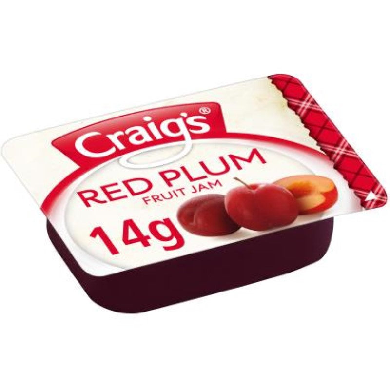 Jam Plum PCU - Craig's - TRAY75 featuring single-serve 14g plum jam packets, ideal for breakfast buffets and catering.