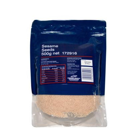 Premium 500g pack of white sesame seeds, ideal for adding flavor and crunch to various dishes and a pantry essential.