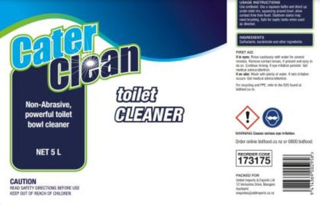 Powerful 5L toilet cleaner from Cater Clean, removes tough stains, mineral deposits, and limescale for a hygienic finish.