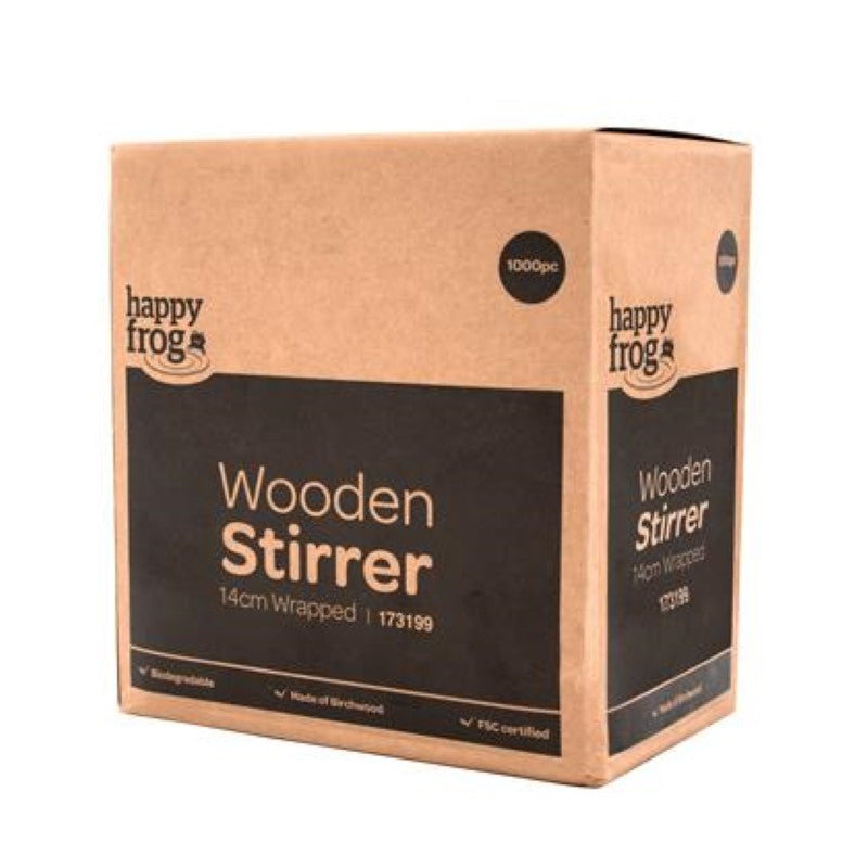 Stirrer Wooden Wrapped 140Mm - Happy Frog - 1000PC