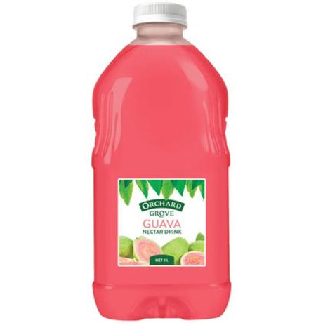 Orchard Grove's 2L Guava Nectar drink, featuring rich, velvety flavor from premium New Zealand guavas. Refreshing tropical indulgence.