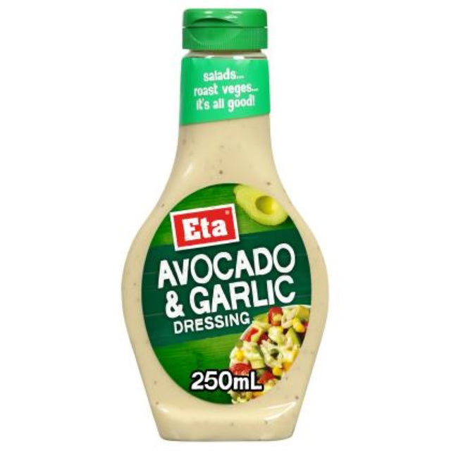 Creamy avocado and zesty garlic dressing in a 250ML bottle, perfect for salads and marinades, made in New Zealand.