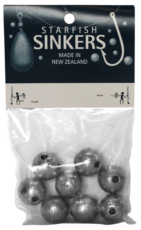 Starfish Ball Sinker Packet with 8 durable 1oz sinkers for improved bait presentation in fresh and saltwater fishing.