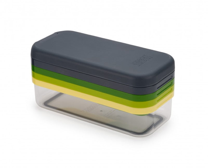 Joseph Joseph Multi-Prep 4 Piece Set with transparent base, interchangeable blades, and finger guard for efficient food prep.