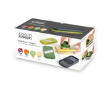 Joseph Joseph Multi-Prep set with transparent base, 4 stainless steel blades, and safety finger guard for efficient meal prep.