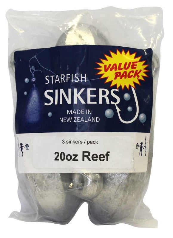 Three 20oz Starfish Reef Sinkers in value pack, designed for smooth, flutter-free drops for effective fishing.