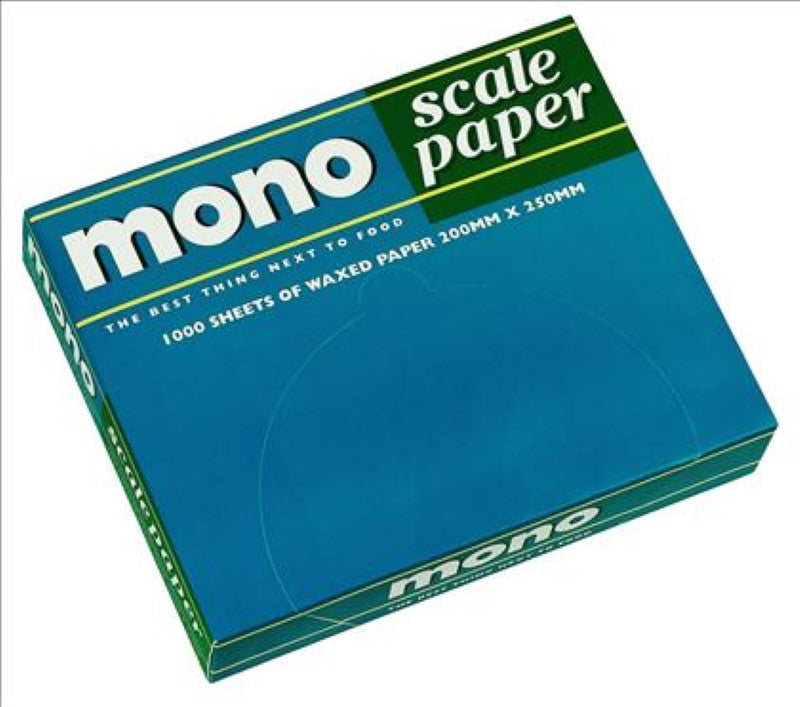Scale Paper Mono 200X250mm, 1000PC pack, waxed sheets for hygienic food handling and weighing in kitchens.