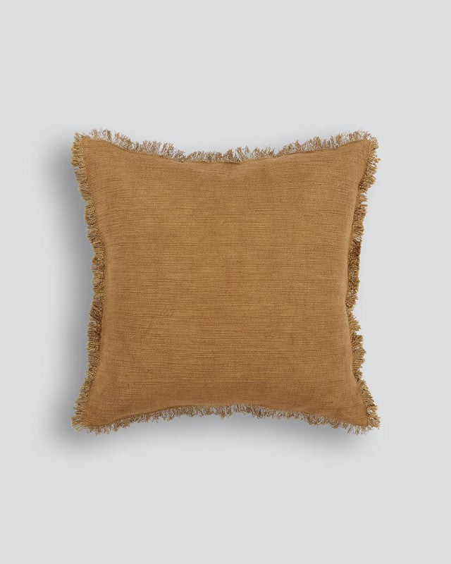 Olive green 50x50cm cushion made from 100% cotton with a fringed edge, perfect for enhancing any decor.