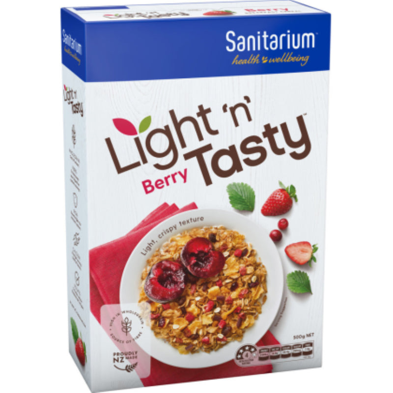 Bowl of Lite N Tasty Berry cereal with mixed grains and berry flavors in a 500G packaging from Sanitarium, New Zealand.