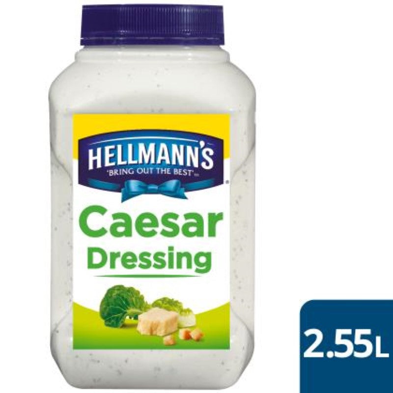 Hellmann's 2.55L Caesar dressing with parmesan, garlic, and anchovies for deliciously coated salads.