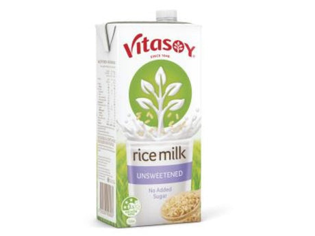 Vitasoy Milk Rice Unsweetened 1L, a calcium-enriched, lactose-free dairy alternative made from non-GMO rice, ideal for cooking.