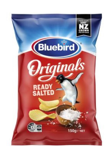 Bluebird Original Ready Salted Chips, 150G pack, featuring crunchy, perfectly salted New Zealand potato chips for snacking.