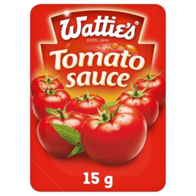 Wattie's Tomato Sauce 15G sachets, 100PC pack, perfect for takeaway and catering, offering classic Kiwi flavor.