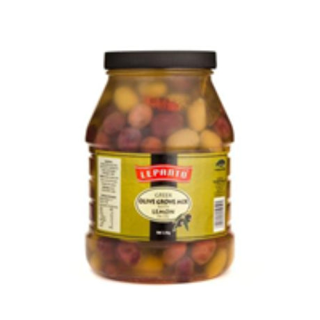 Mixed olives in lemon oil, featuring Kalamata, black, and green varieties, ideal for Mediterranean dishes and snacks.