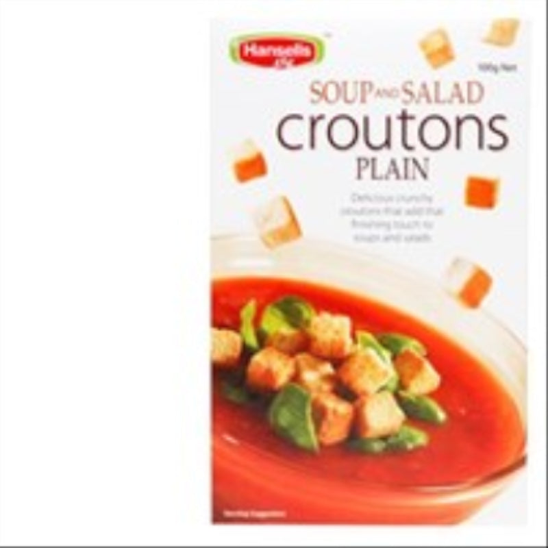 Plain bread croutons by Hansells in a 100g pack, perfect for adding crunch to soups and salads.