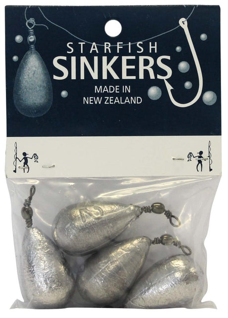 Starfish Swivel Sinker Packet: 4 clip-on 2oz sinkers for versatile fishing, ideal for trolling and bottom fishing.