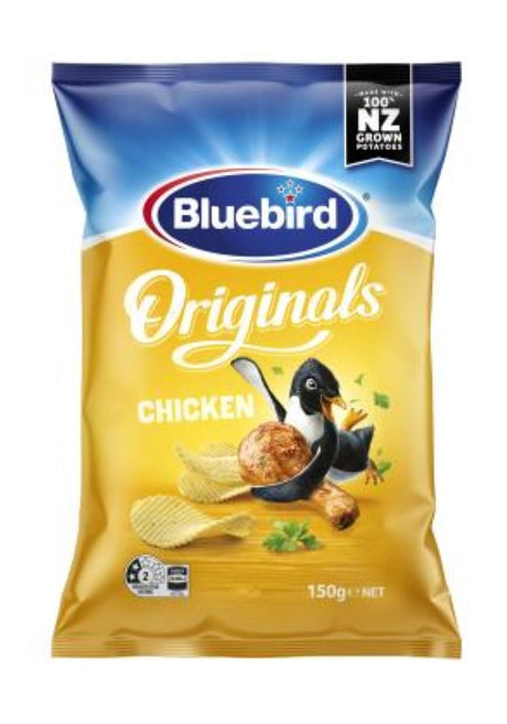 Crispy Bluebird Chips Chicken snack pack, 150g, bursting with savory chicken flavor from New Zealand, perfect for any occasion.