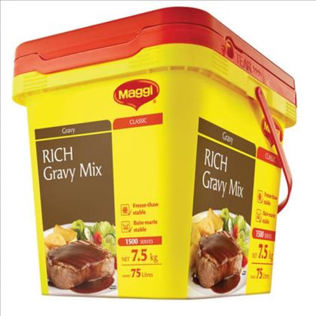 Maggi Gravy Mix Rich Pail - 7.5KG, beef-style gravy for enhancing dishes, yields 75L, Bain-Marie & freeze-thaw stable.