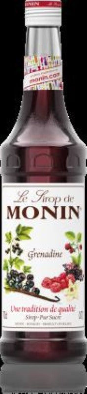 Vibrant ruby-red Monin Grenadine Syrup (700ML) perfect for cocktails, mocktails, and desserts with berry and vanilla flavors.