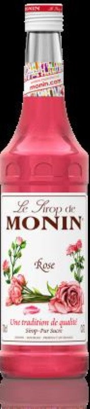 Elegant 700ML Monin Rose Syrup bottle showcasing the fragrant essence of roses for cocktails, teas, and gourmet recipes.