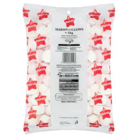 Pascall Marshmallows 1KG pack featuring fluffy vanilla and raspberry flavors, perfect for snacking and baking delights.