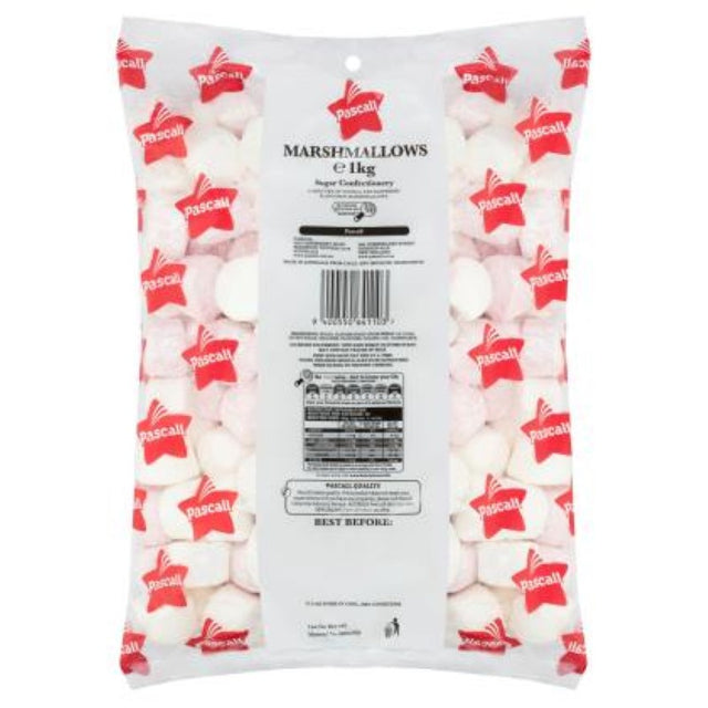 Pascall Marshmallows 1KG pack featuring fluffy vanilla and raspberry flavors, perfect for snacking and baking delights.