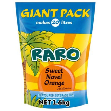 Resealable 1.6KG Raro Sweet Navel Orange drink sachets, making 20 liters of refreshing beverage mix for any occasion.