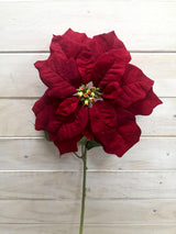 Large velvet poinsettia stem in rich colors, perfect for festive decor and year-round elegance without maintenance.