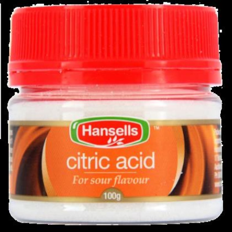 Pure citric acid by Hansells in a 100g pack, perfect for enhancing flavors, preserving, and cooking.