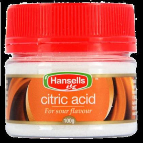 Pure citric acid by Hansells in a 100g pack, perfect for enhancing flavors, preserving, and cooking.