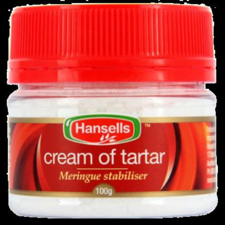 White crystalline powder pack of Hansells Creme Of Tartar (100g) for baking stability and fluffy meringues.