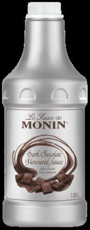 Rich Monin Dark Chocolate Sauce in a 1.89L bottle, perfect for enhancing beverages and desserts with luxurious flavor.