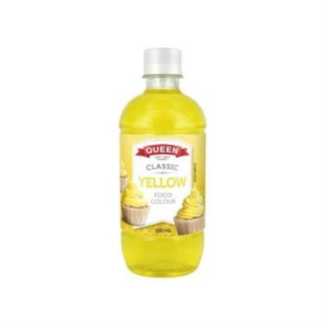 Vibrant yellow food coloring in a 500ml bottle, perfect for cakes, desserts, and beverages, made from Australian ingredients.