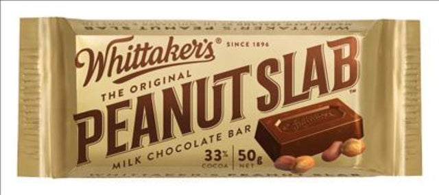 Whittaker's Chocolate Slab Original Peanut contains creamy chocolate and crunchy peanuts in a 50-piece pack.