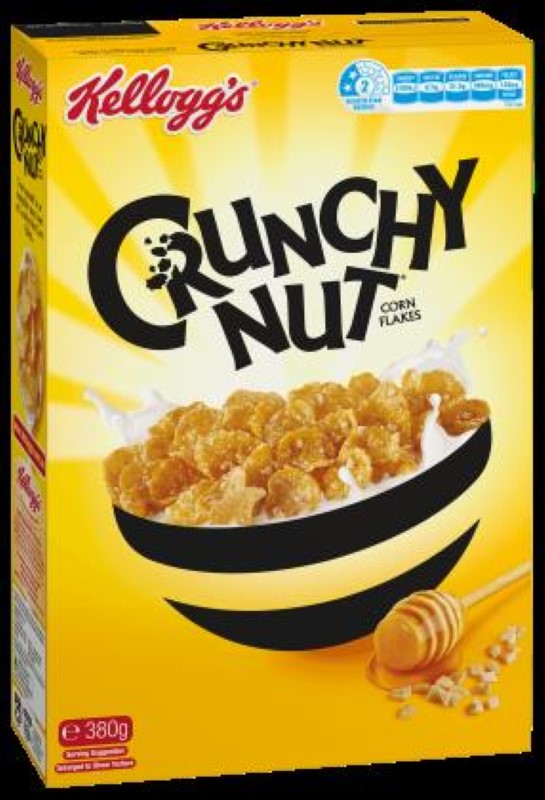 A 380G pack of Kellogg's Cornflakes Crunchy Nut, featuring toasty cornflakes and real nuts for a delicious breakfast.