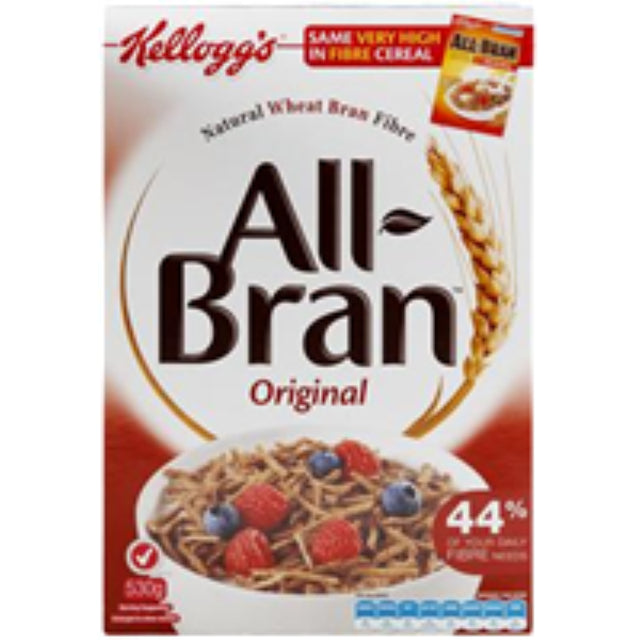 Kellogg's All Bran Original Cereal in 530g pack, high-fiber for digestion, rich in iron and B-vitamins, perfect for breakfast.