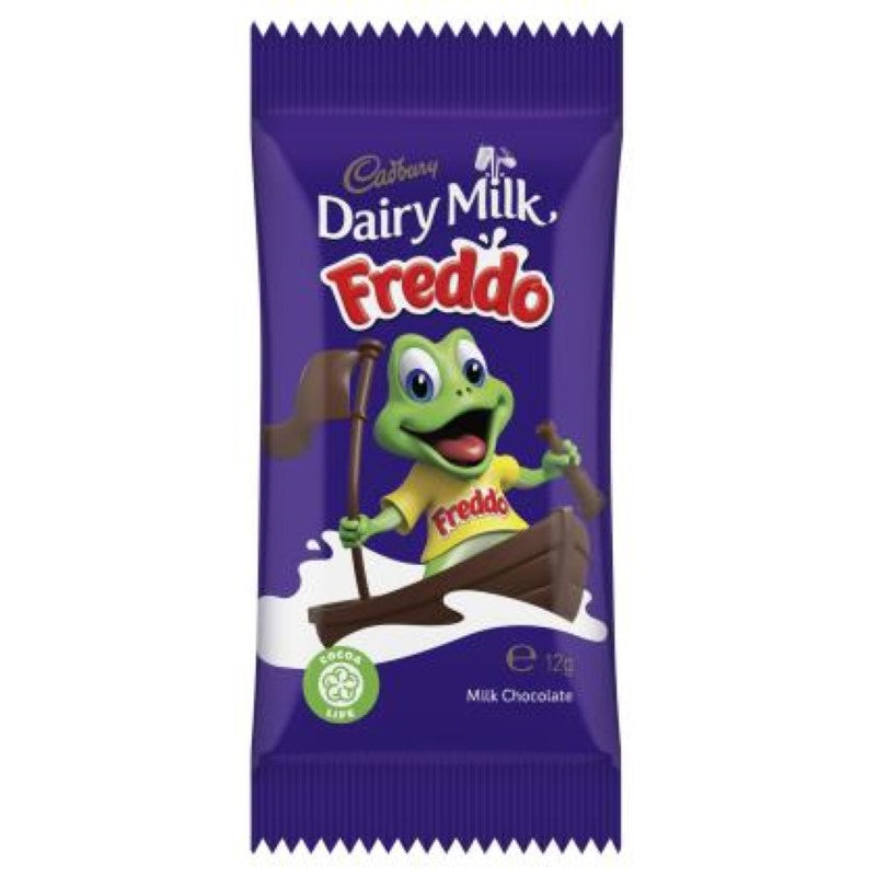 Chocolate Freddo Frog pack of 72, featuring 12g rich Cadbury Dairy Milk chocolate in fun frog shapes. Perfect for sharing!