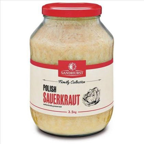 Authentic Sandhurst Sauerkraut 2.5KG, a tangy Polish fermented cabbage rich in probiotics and ideal for various dishes.